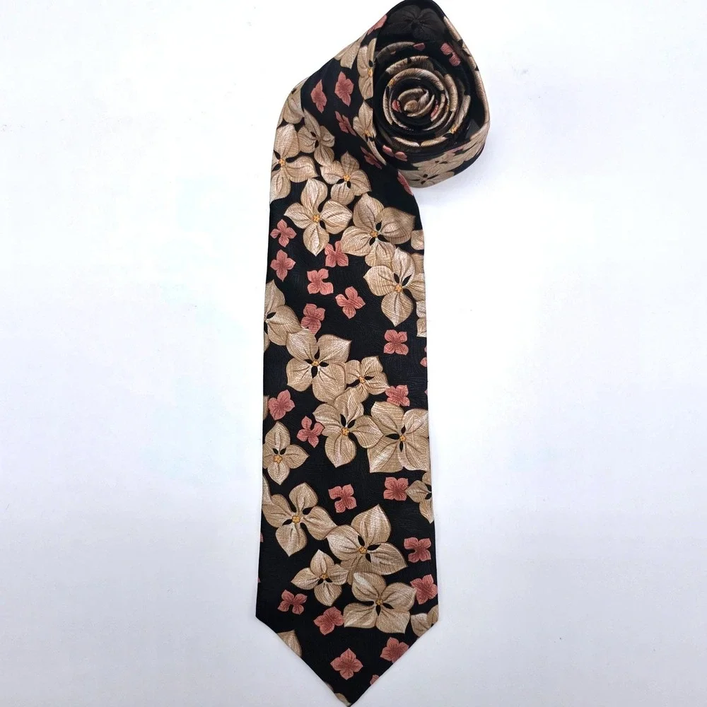 Rudy T Houston Mens Silk Floral Tie‎ Black Champagne Coral Hand Finished Spain